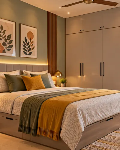 Bedroom design idea for Hyderabad homes with storage bed, wardrobe and study table