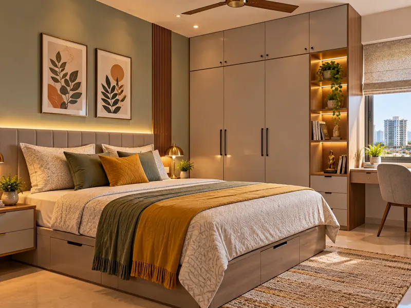 Bedroom with storage bed and study corner in Hyderabad