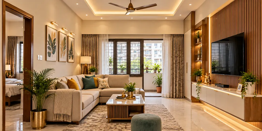 Flat in Hyderabad after renovation with false ceiling, panelled TV wall and new flooring