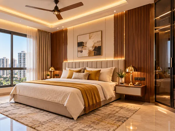 Home interior design in Hyderabad: master bedroom with walnut panelling and glass wardrobe