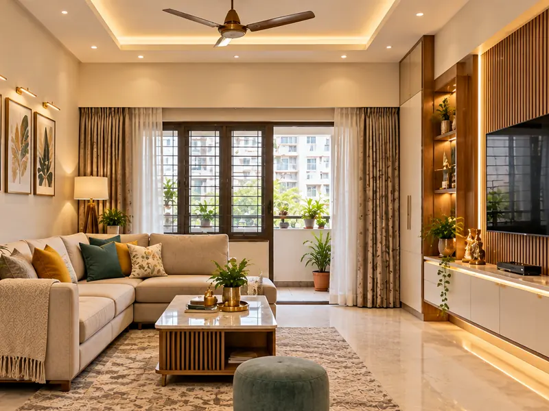 Home renovation in Hyderabad: renovated living room with false ceiling and panelled TV wall