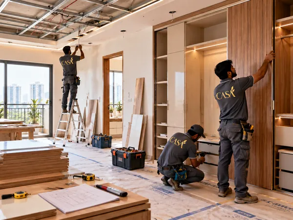 Home renovation in Hyderabad: Casa Interiors team fitting wardrobes and a false ceiling frame