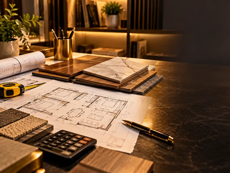 Interior design cost planning in Hyderabad with floor plan, material samples and calculator