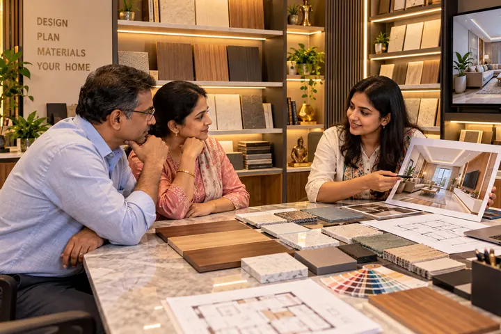 Interior designer in Hyderabad explaining laminate, quartz and veneer samples to a couple