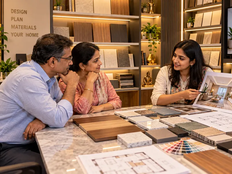 Designer explaining material samples to a couple at a design studio in Hyderabad