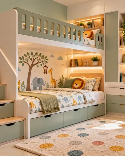 Kids room design idea in Hyderabad with bunk bed, storage steps and study desk