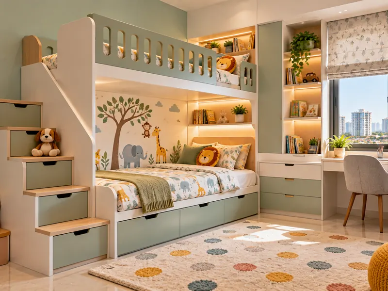 Kids room with bunk bed and study desk in Hyderabad
