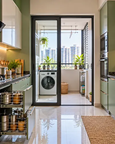 Modular kitchen design idea in Hyderabad: sage green parallel kitchen with utility