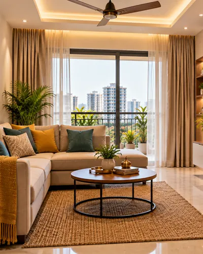 Living room design idea for Hyderabad flats with L-shaped sofa and marble TV wall