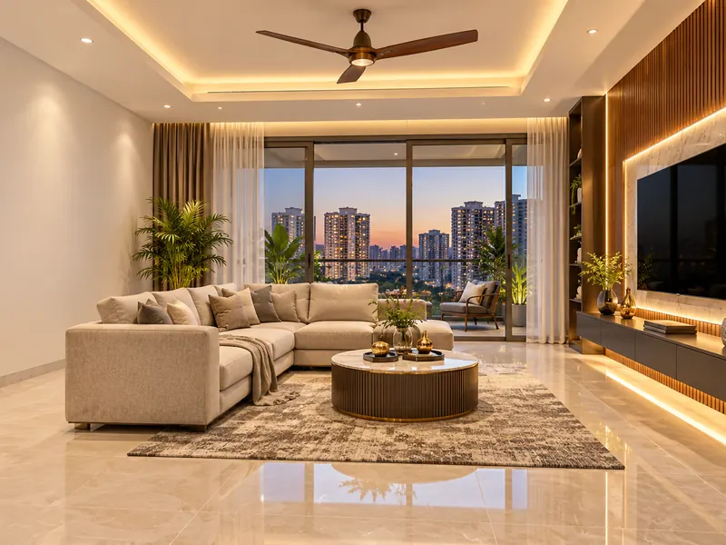 Living room with sectional sofa and panelled TV wall in Hyderabad