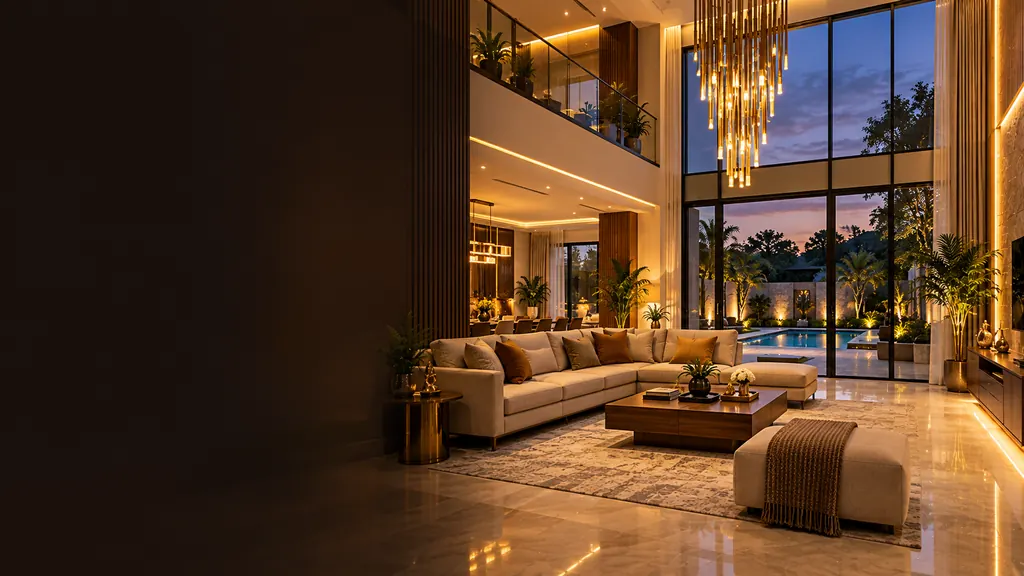 Luxury villa living room interior design in Hyderabad at dusk