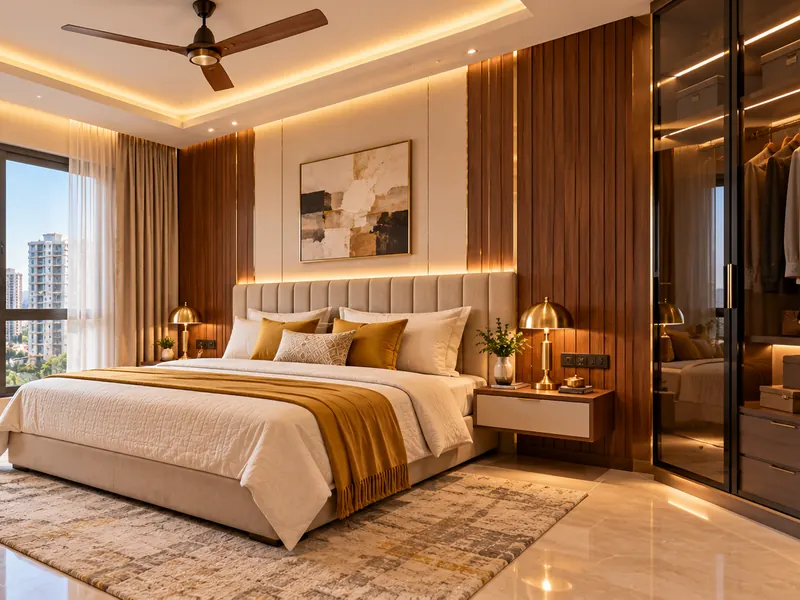 Master bedroom with walnut panelling in Hyderabad