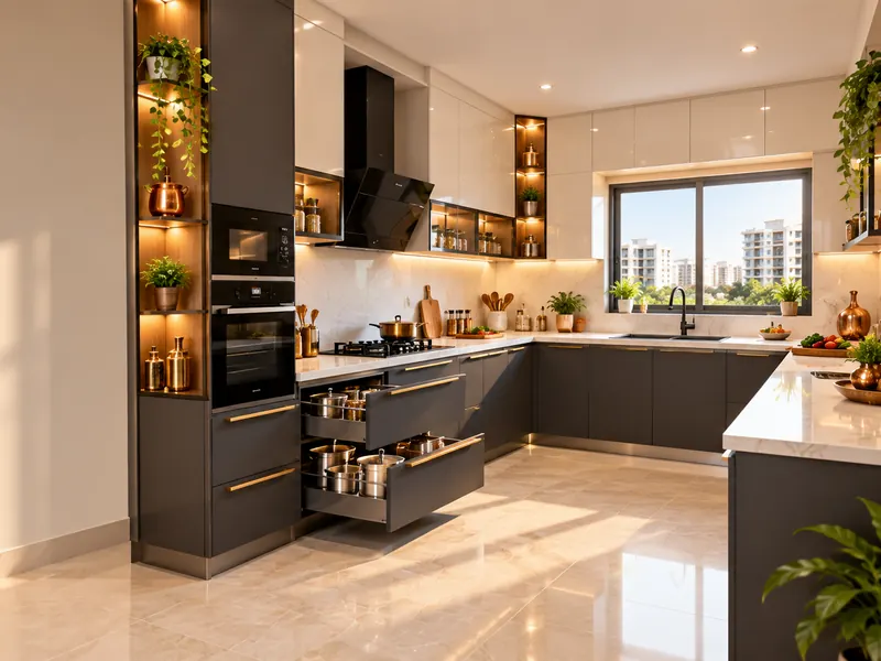U-shaped modular kitchen with brass handles in Hyderabad