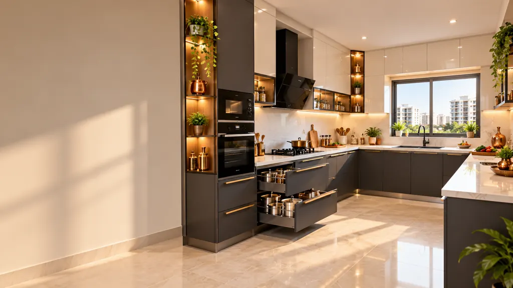 Modular kitchen interior design in Hyderabad with brass accents