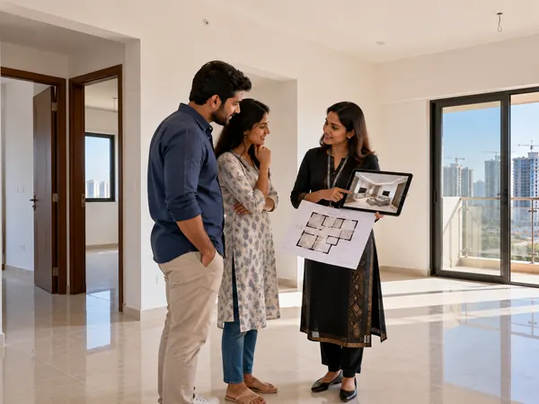 New flat interiors in Hyderabad: designer showing a floor plan and 3D view to a couple