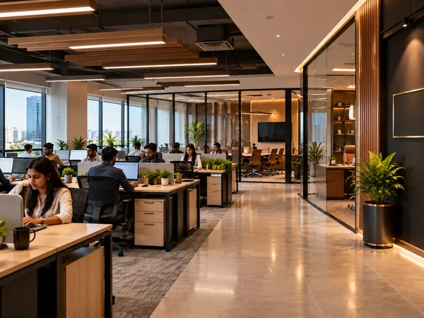 Office interior design in Hyderabad with workstations, glass cabins and a meeting room