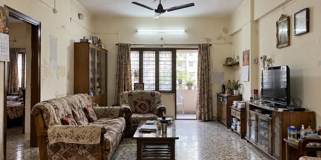 The same Hyderabad flat before renovation, with mosaic flooring and old furniture