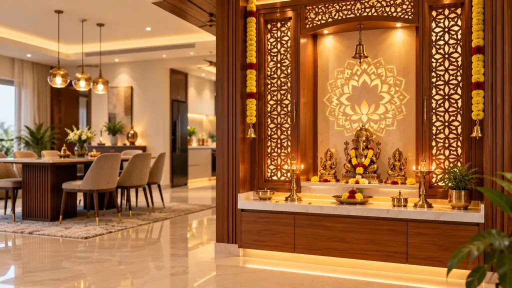 Pooja room interior design with teak mandir in a Hyderabad home