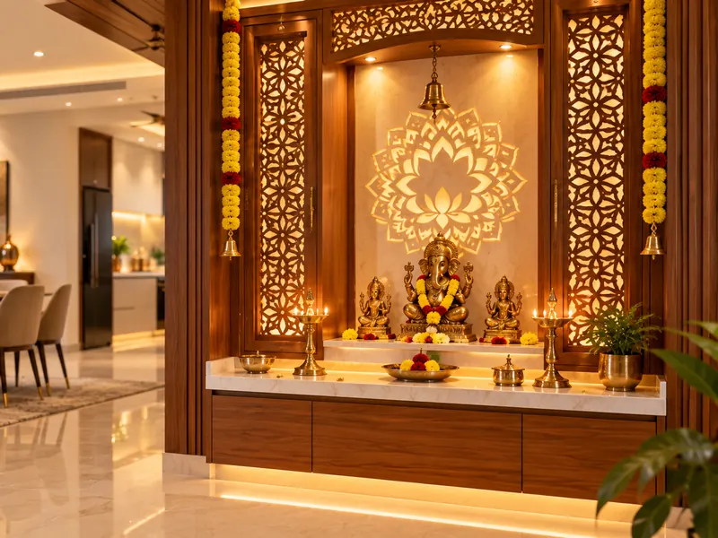 Teak pooja mandir with backlit jaali panels in Hyderabad