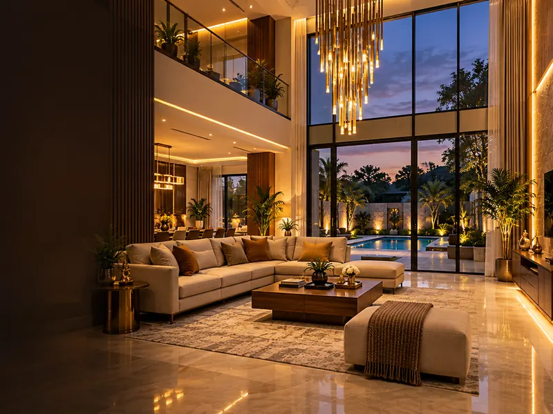 Double-height villa living room in Hyderabad