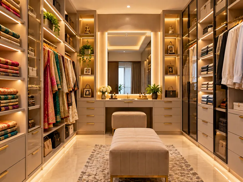 Walk-in wardrobe with saree storage in Hyderabad