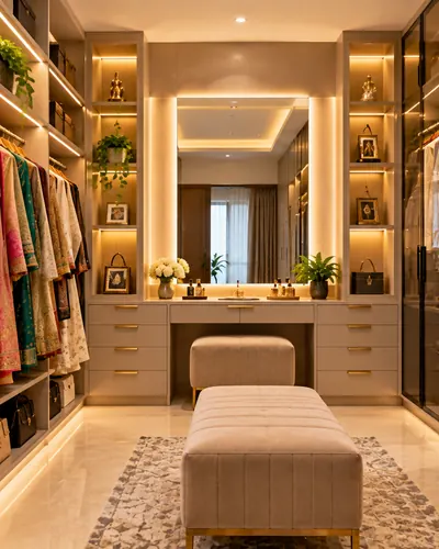 Wardrobe design idea in Hyderabad: walk-in wardrobe with saree storage and dresser