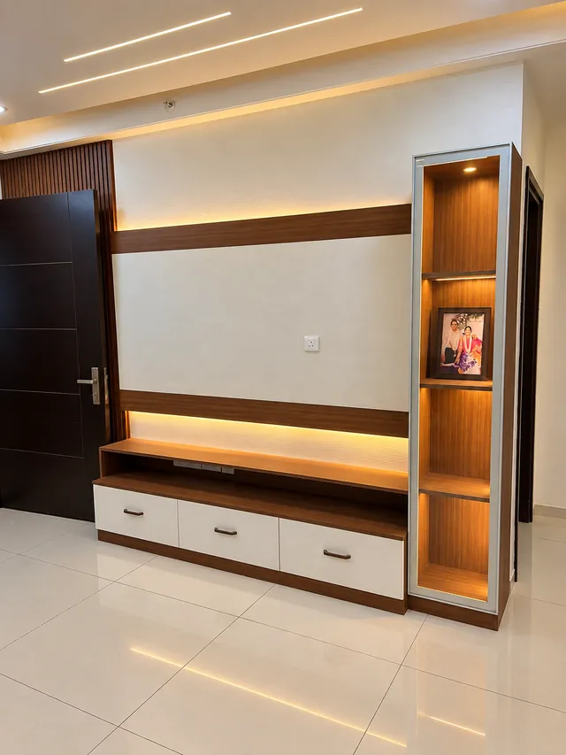 TV unit with walnut bands and profile lights, completed by Casa Interiors in Hyderabad